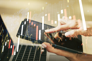 Poster - Abstract creative financial graph with world map and finger clicks on a digital tablet on background, financial and trading concept. Multiexposure