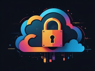 Digital Abstract illustration of cloud security services, stylized cloud icon integrated with a secure padlock symbol, representing data protection and cybersecurity in cloud computing environments
