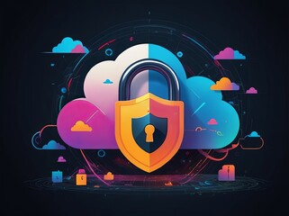 Digital Abstract illustration of cloud security services, stylized cloud icon integrated with a secure padlock symbol, representing data protection and cybersecurity in cloud computing environments
