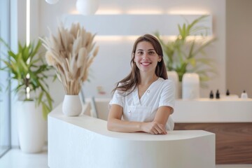 smiling diverse female receptionist at beauty salon or sales person at cosmetics store at reception desk