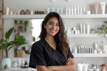 smiling hispanic diverse female receptionist at beauty salon or sales person at cosmetics store at reception desk