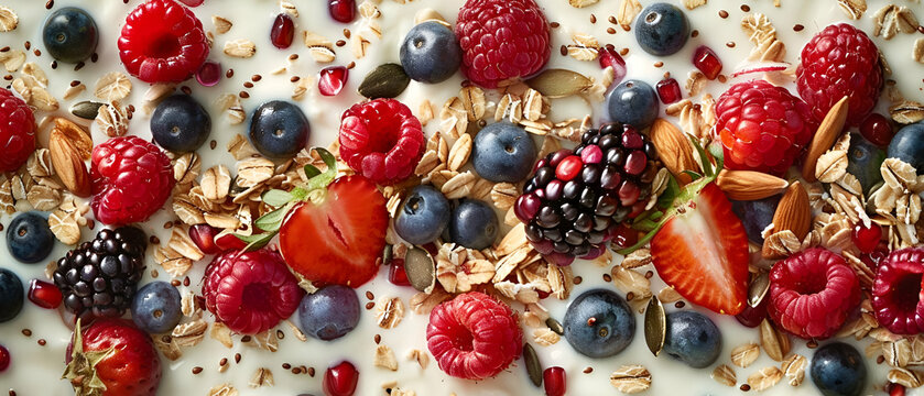 A colorful and healthy breakfast bowl with fresh berries, nuts, seeds, and granola on yogurt, offering a nutritious start to the day.