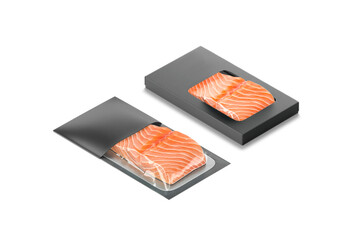 Wall Mural - Blank black box and transparent label pack with salmon mockup