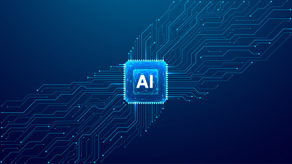 Wall Mural - Digital AI low poly semiconductor with circuit elements on abstract technology background. Motherboard lines, AI chip on tech bg. Dark blue bg with empty place for text or message. Vector illustration