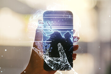 Poster - Multi exposure of abstract creative digital world map and hand with phone on background, tourism and traveling concept