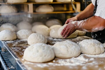 Wall Mural - hands taking artisanal sourdough bread before baking, raw dough in bakery closeup