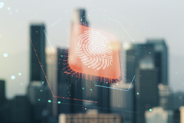 Poster - Multi exposure of virtual creative fingerprint hologram on blurry cityscape background, personal biometric data concept