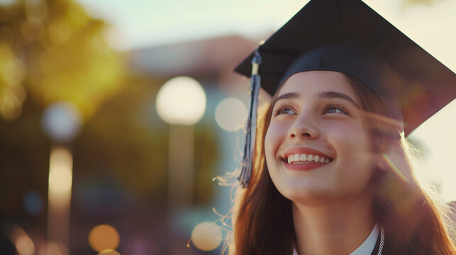Close-up of a happy young female student in traditional graduation attire, cap and gown