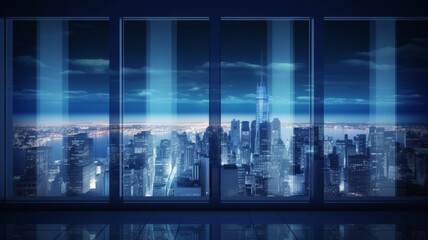 Photorealistic cityscape at night looking through big apartment windows.