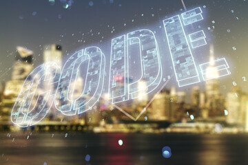 Poster - Code word hologram on blurry cityscape background, artificial intelligence and neural networks concept. Multiexposure