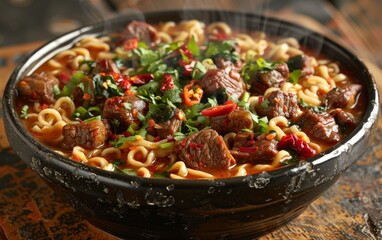 A bowl of beef noodle soup with lots of meat and vegetables