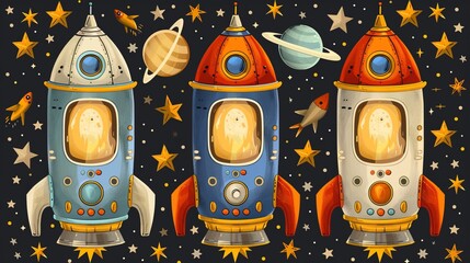 Wall Mural - cartoon style space rocket model in universe and dark space with stars and galaxy, space rocket exploration in universe space cartoon illustration 