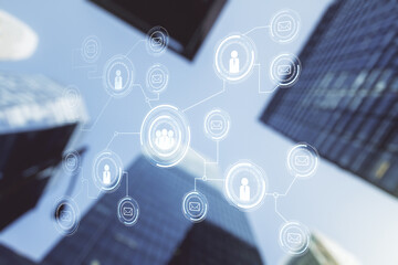Poster - Abstract virtual social network hologram on modern architecture background. Double exposure