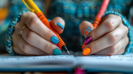 Close-up of hands writing in a notebook with colorful pens.