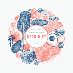 Wall Mural - Keto Diet Design Template. Vector Hand Drawn Healthy Food Banner. Vintage Style Ketogenic Menu Illustration.