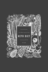 Wall Mural - Keto Diet Chalk Board Design Template. Vector Hand Drawn Healthy Food Banner. Vintage Style Ketogenic Menu Illustration.