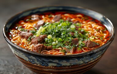 Wall Mural - A bowl of beef noodle soup with green onions and beef