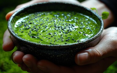 A hand holding a bowl of green liquid with black seeds in it