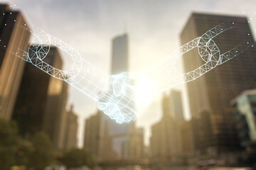 Poster - Abstract virtual block chain technology hologram with handshake on modern architecture background, cryptography and decentralization concept. Multi exposure