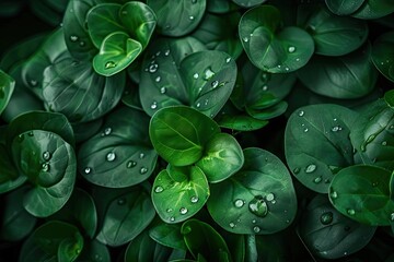 Fototapete - Close-up of lush green leaves with water droplets after rain. Vibrant and fresh foliage, perfect for nature and botanical themes.