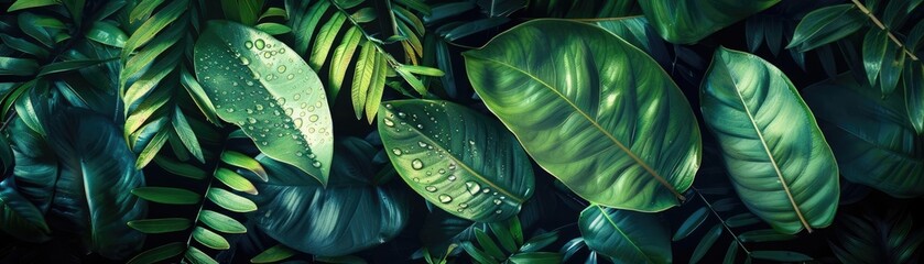 Fototapete - A lush display of tropical green leaves with water droplets, creating a vibrant natural background full of depth and rich textures.