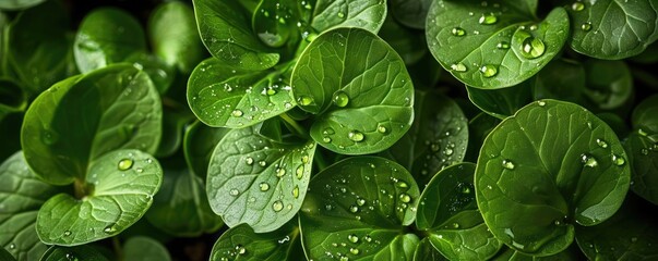 Aufkleber - Close-up of fresh green leaves with water droplets, capturing the beauty of nature and plant textures in vivid detail.