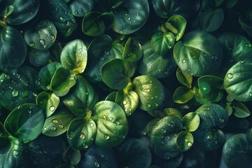 Fototapete - Lush green leaves with water droplets create a fresh, vibrant scene perfect for nature and botanical-themed projects. Ideal for backgrounds and textures.