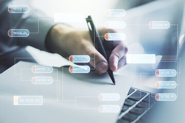 Aufkleber - Multi exposure of abstract graphic coding sketch with hand writing in diary on background with laptop, big data and networking concept