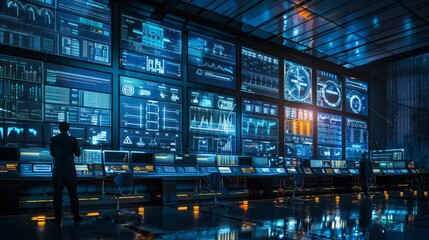 Wall Mural - An electric grid control room with large screens and data.