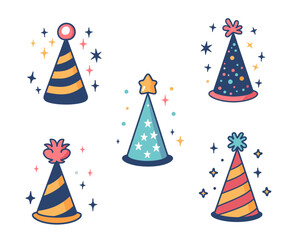 Five different colorful party hats with starry decorations set against a white background. Flat vector illustration.