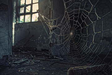 Wall Mural - an image depicting a spider web in an abandoned building or room, symbolizing neglect and the passag