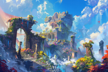 Wall Mural - an image showcasing the concept art for a fantasy adventure game, emphasizing a richly detailed worl
