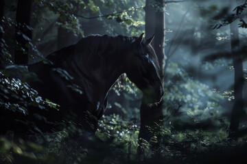 Wall Mural - a black horse emerging from the shadows of an enchanted forest, focusing on the mystical and etherea