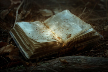 Wall Mural - the forbidden book open to a page that seems to glow with an otherworldly light, suggesting a portal