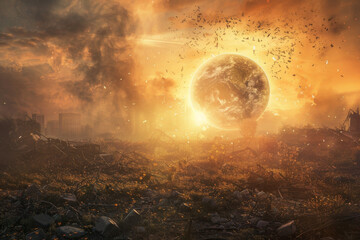 Wall Mural - the hopeful emergence of a new era following the end of the world, focusing on scenes that symbolize
