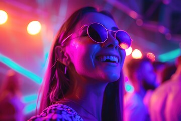 Sticker - Portrait of a happy girl in a night club with purple and pink spotlight wearing sunglasses. Young woman in a nightclub with laser lights