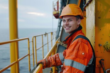 Portrait of a male employee on oil platform at sea. A young confident smiling man in bright uniform and safety hard hat standing at the edge of oil rig platform