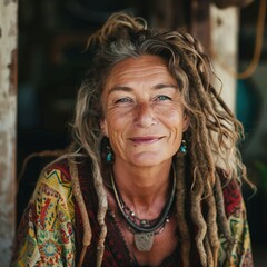 Canvas Print - Portrait of a mature woman with dreadlocks looking at the camera with a smile, lifestyle of freedom, hippies