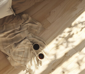 A top-down view of two cups of coffee resting on a folded blanket, illuminated by warm sunlight streaming through a window