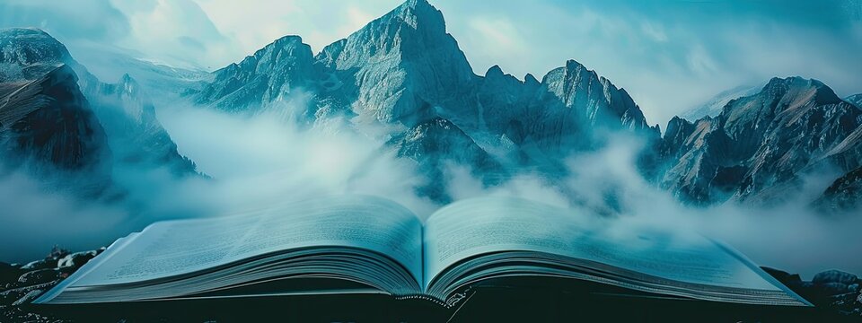 Opening the page of a book shows a mountain range with tiny mist clouds. Floating up from the top of the mountain in the morning