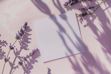 White blank paper card laying in shadows next to some lavender flowers on pale pink background. Top view, copy space