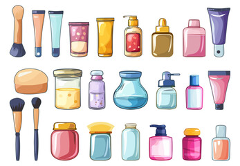 Wall Mural - Cosmetic beauty products set. Jars Cans Bottles Sponge. Tubes cosmetics. Cartoon products for body, hair and skin care. Vector set