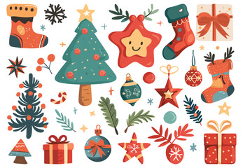 Canvas Print - Christmas Holiday Items set. Fir tree gifts boxes. Abstract New Year decorations balls toys snowflakes. Doodle vector cartoon collection