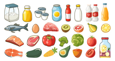 Wall Mural - Food and drink set. Meat Fish Milk Eggs Flour Vegetables. Grocery store goods. Juice and healthy food concept. Vector collection