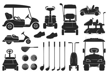 Poster - Golf club black icons. Sport elements silhouette set, cart ball shoes. Luxury sporting monochrome style. Vector clipart collection