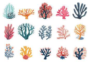 Wall Mural - Sea corals set. Algae underwater elements. Ocean plants seaweed. Marine nature plants, nautical decorative vector collection