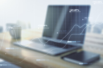 Poster - Multi exposure of abstract graphic data spreadsheet sketch and modern desktop with pc on background, analytics and analysis concept