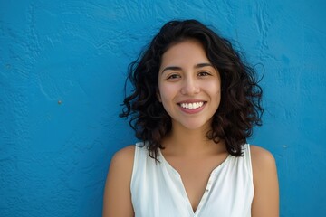 Sticker - Portrait of a proud smiling Hispanic woman standing in front of a blue wall. Concept of business, career, lifestyle, and diversity