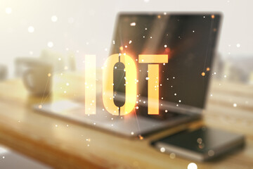 Aufkleber - Double exposure of creative IOT hologram and modern desktop with laptop on background, research and development concept