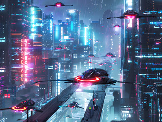 neon lit city with flying cars in a futuristic urban landscape filled with vibrant lights.